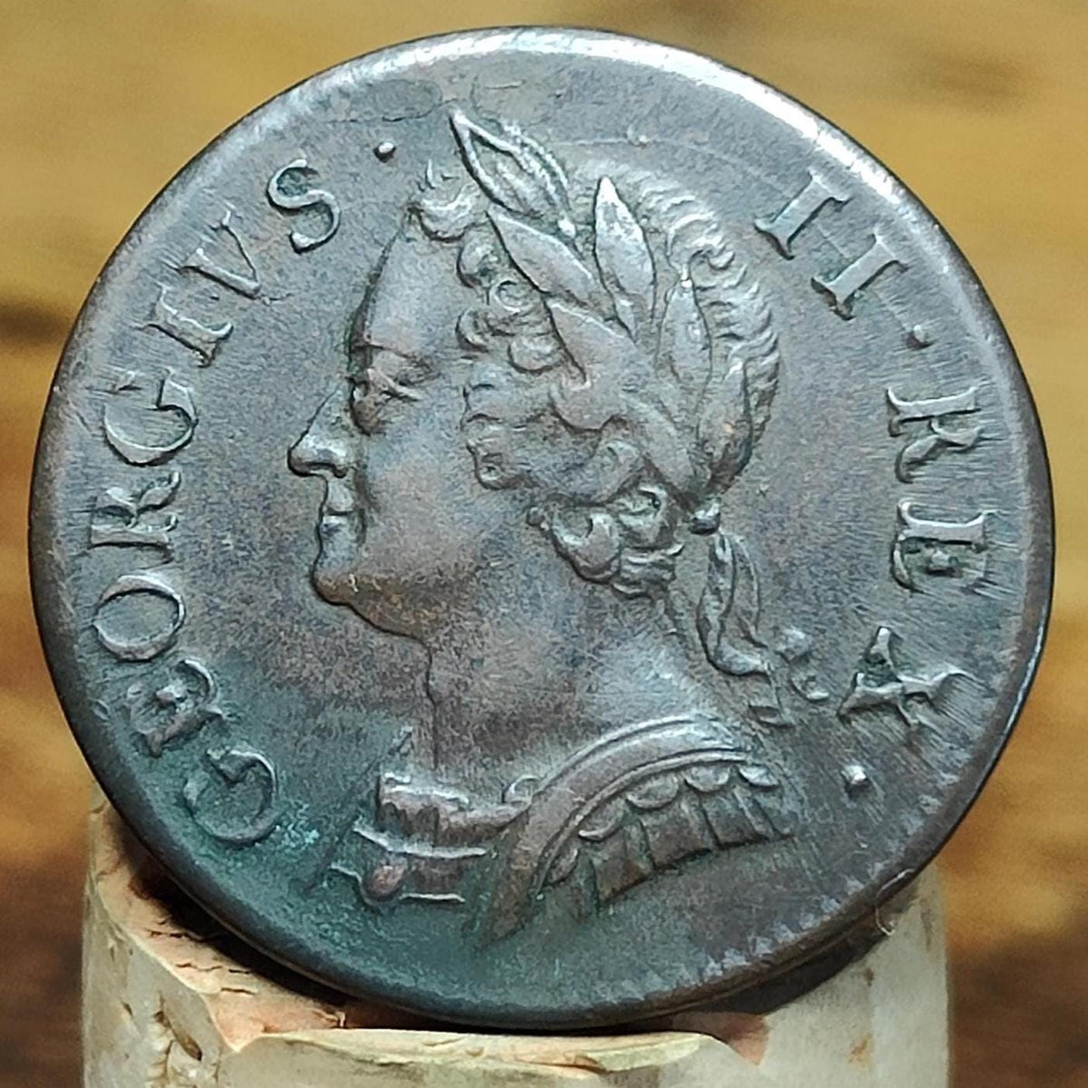 George II Farthing, dated 1754 - Georgian/ US colonial coin