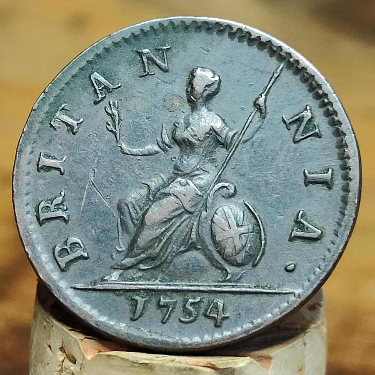 George II Farthing, dated 1754 - Georgian/ US colonial coin