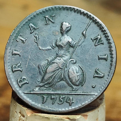George II Farthing, dated 1754 - Georgian/ US colonial coin