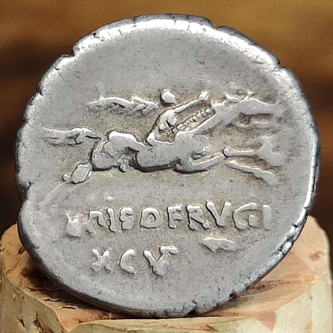 90BC Roman Republic Silver Denarius, L. Calpurinus Piso Frugi, with Apollo obverse, Ancient coin