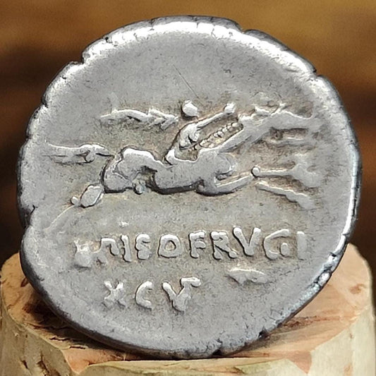 90BC Roman Republic Silver Denarius, L. Calpurinus Piso Frugi, with Apollo obverse, Ancient coin