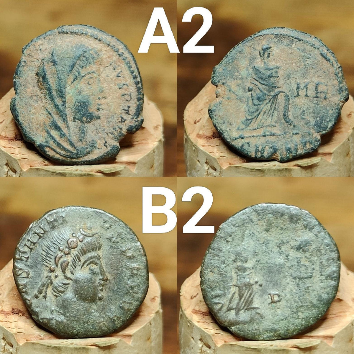 Ancient Roman coins partially cleaned , uncleaned 4th century Nummus
