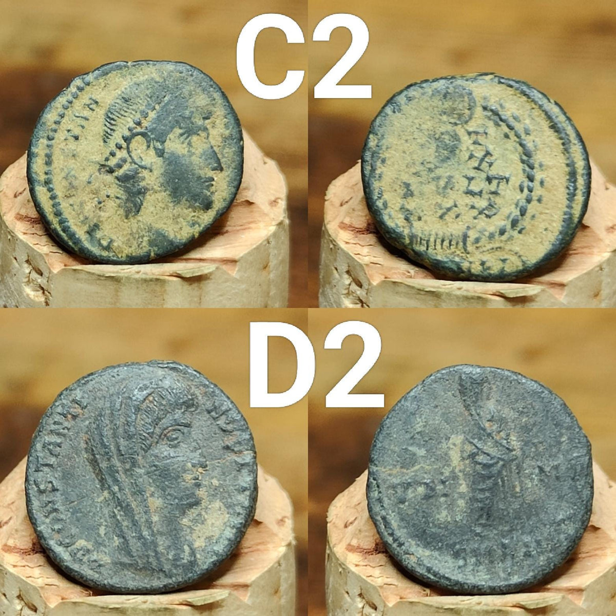 Ancient Roman coins partially cleaned , uncleaned 4th century Nummus