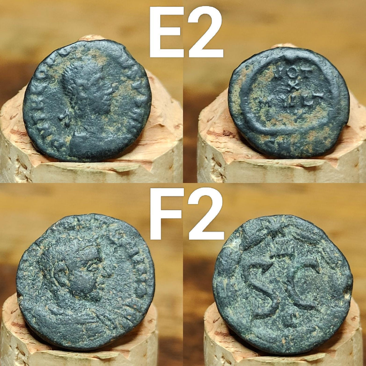 Ancient Roman coins partially cleaned , uncleaned 4th century Nummus