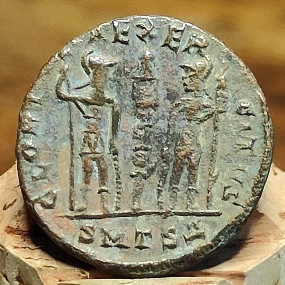 Delmatius Roman coin with Soldiers Reverse, 335 to 337AD, ancient nummus AE4- Scarce