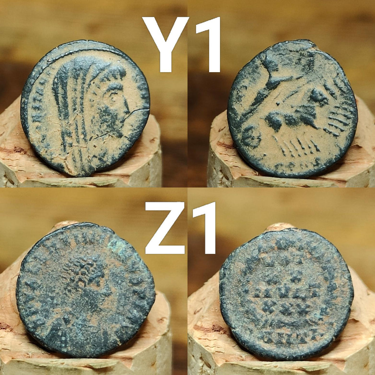 Ancient Roman coins partially cleaned , uncleaned 4th century Nummus