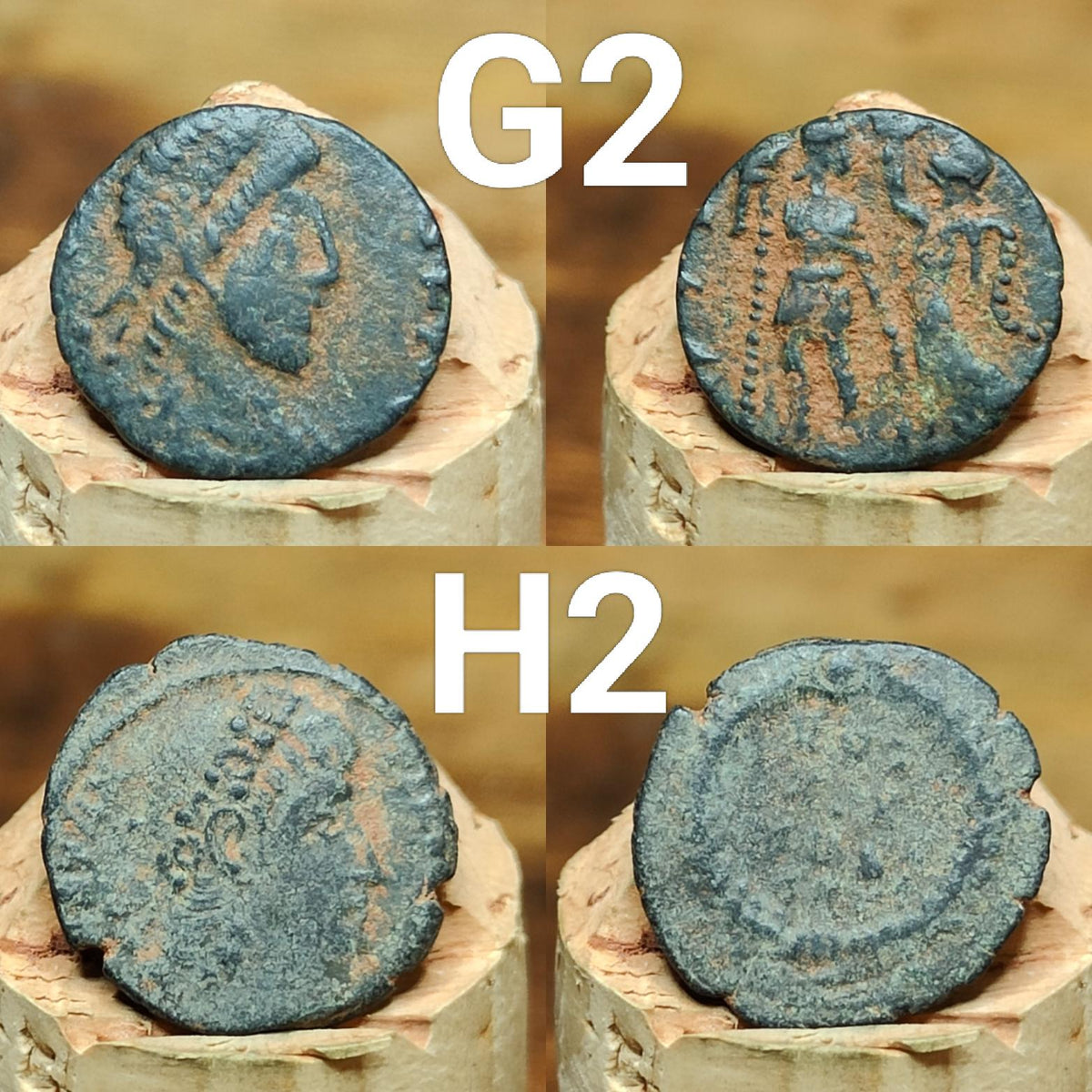Ancient Roman coins partially cleaned , uncleaned 4th century Nummus