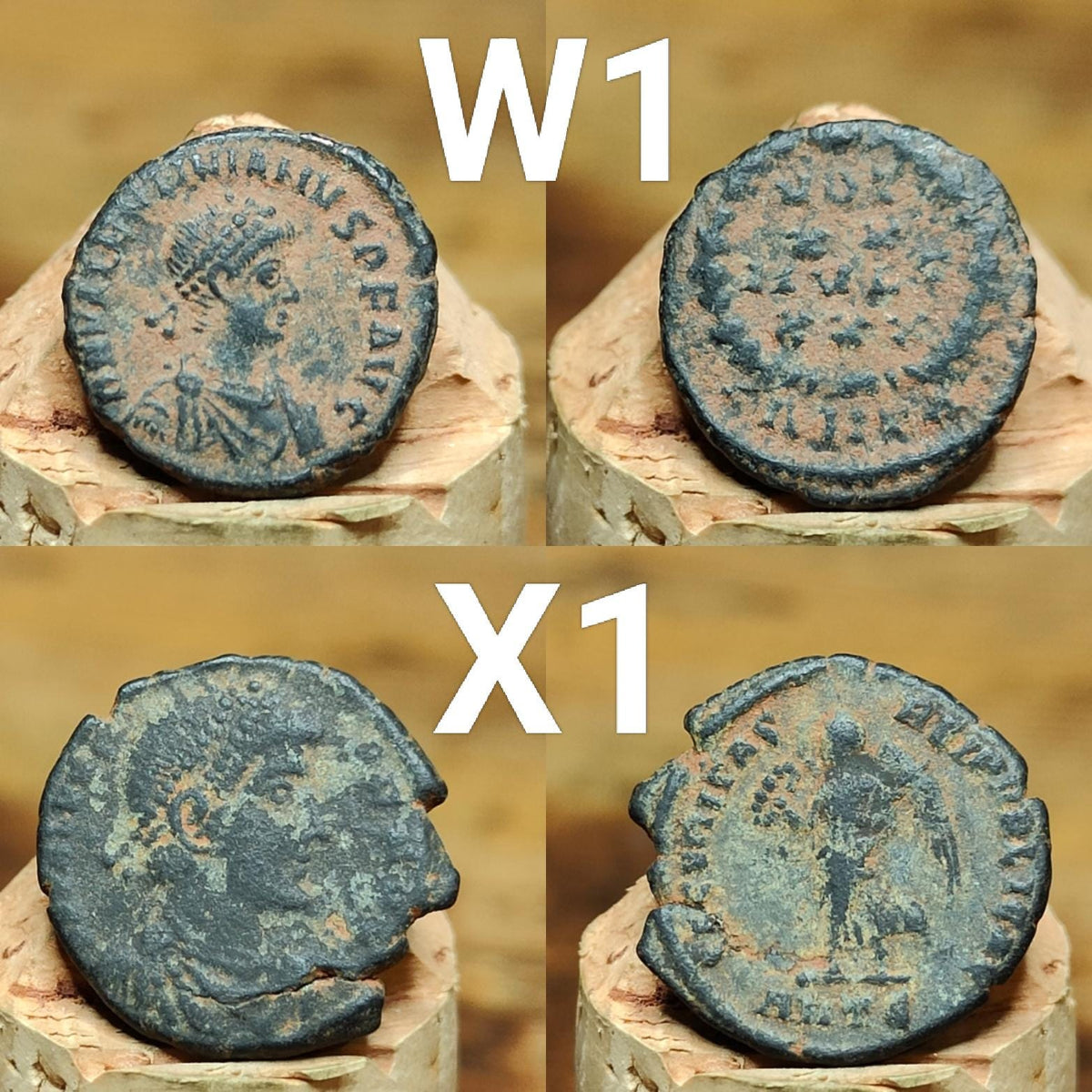 Ancient Roman coins partially cleaned , uncleaned 4th century Nummus