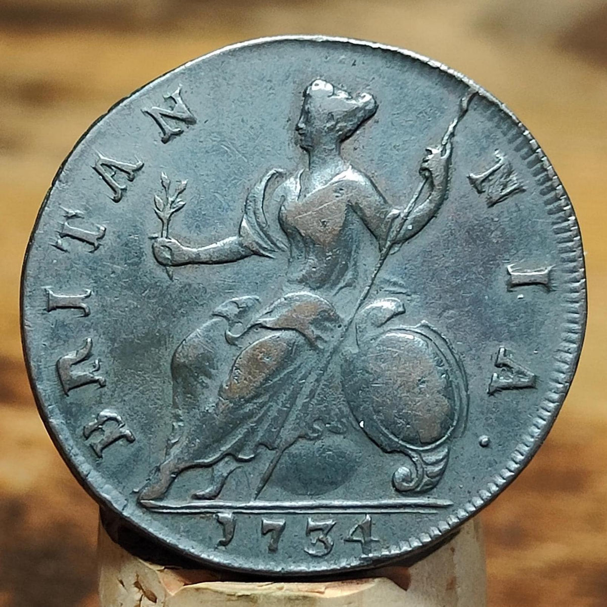 George II half Penny, dated 1734, Britannia reverse - Young bust, Georgian/ US colonial coin