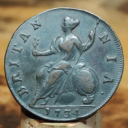 George II half Penny, dated 1734, Britannia reverse - Young bust, Georgian/ US colonial coin