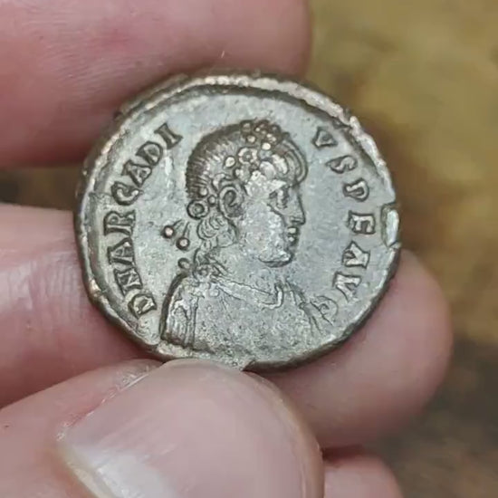 Arcadius Roman coin with emperor reverse, 4th century ancient Follis AE2