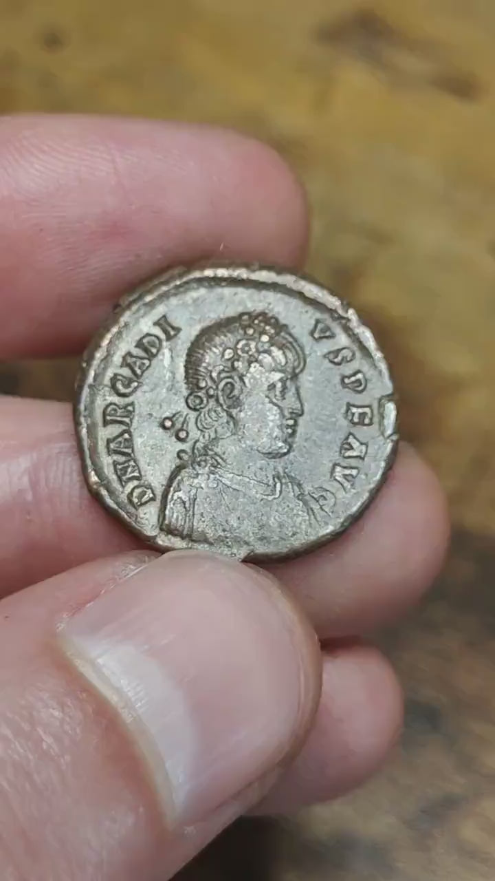 Arcadius Roman coin with emperor reverse, 4th century ancient Follis AE2