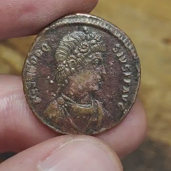 Theodosius Roman coin, ancient follis with Emperor reverse AE2