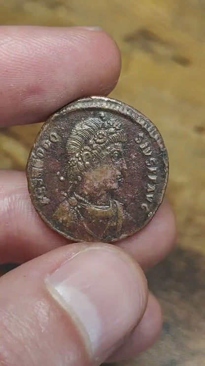Theodosius Roman coin, ancient follis with Emperor reverse AE2