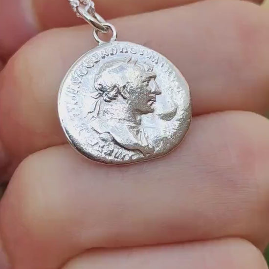 Trajan Silver Denarius pendant and chain, ancient necklace