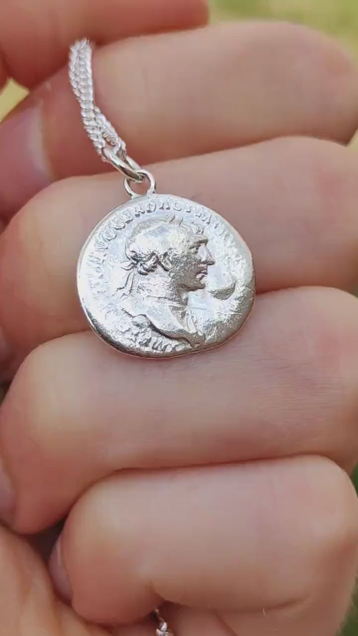 Trajan Silver Denarius pendant and chain, ancient necklace
