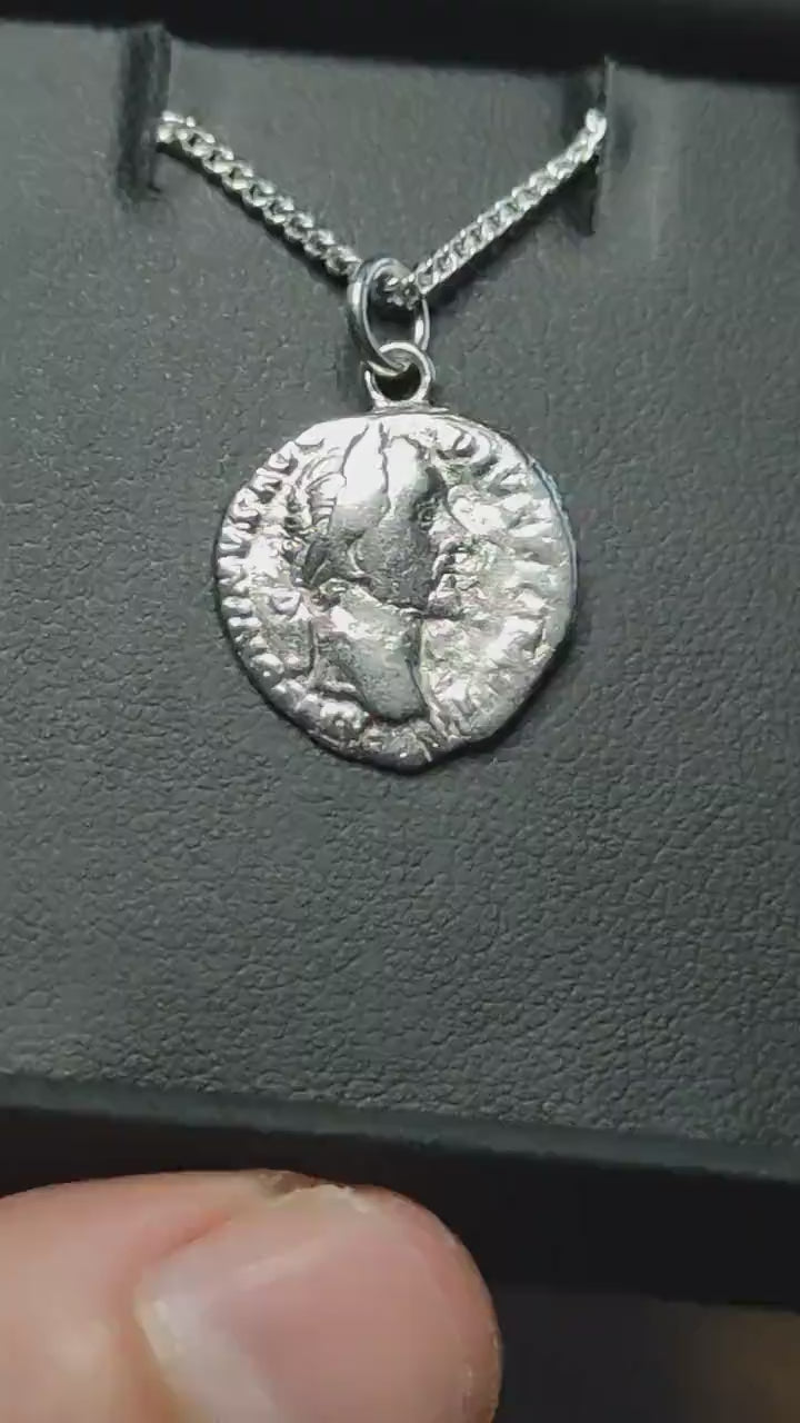 Antoninus pius Silver Denarius pendant and chain, ancient necklace