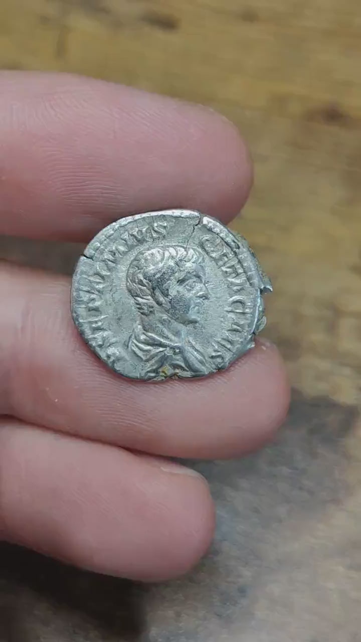 Geta Silver Denarius with emperor reverse, Ancient roman coin from the Imperial empire