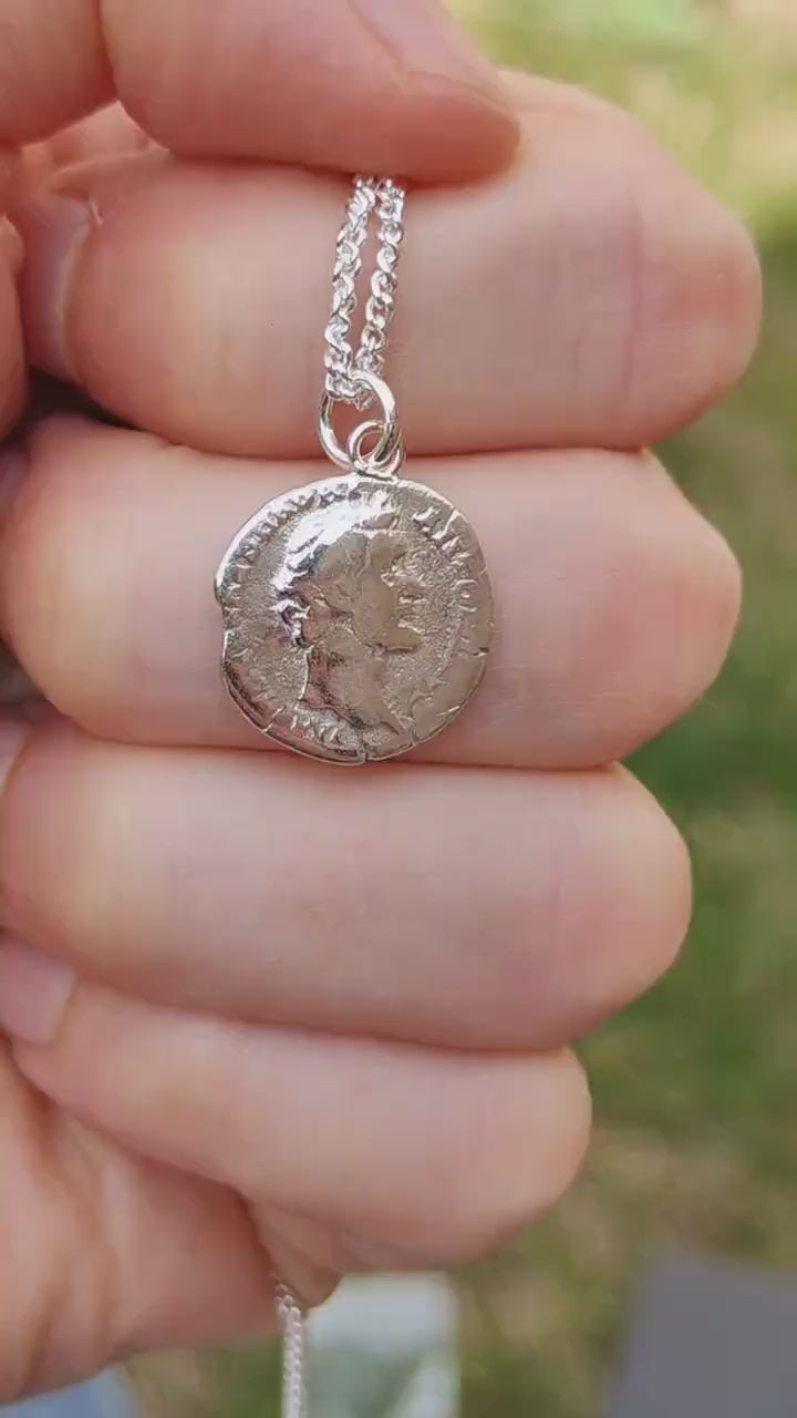 Antoninus pius Silver Denarius pendant and chain, ancient necklace