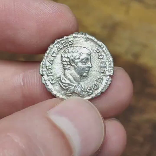 Geta Silver Denarius with emperor reverse, Ancient roman coin from the Imperial empire