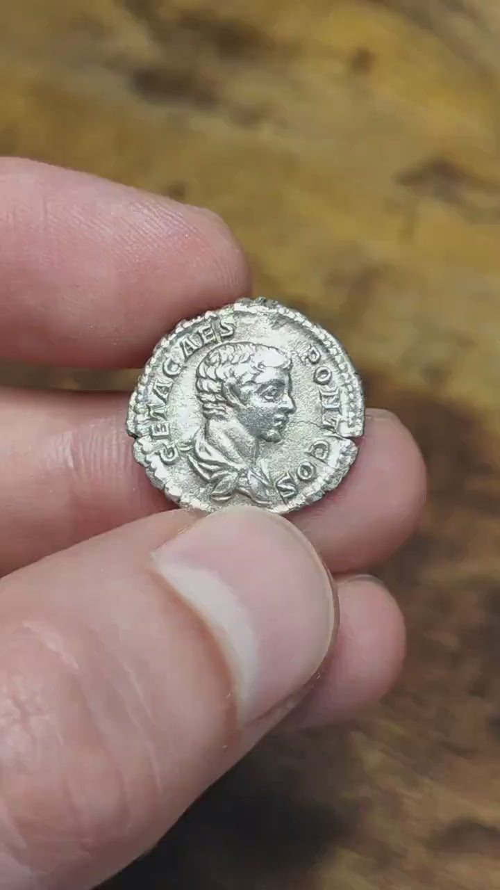Geta Silver Denarius with emperor reverse, Ancient roman coin from the Imperial empire