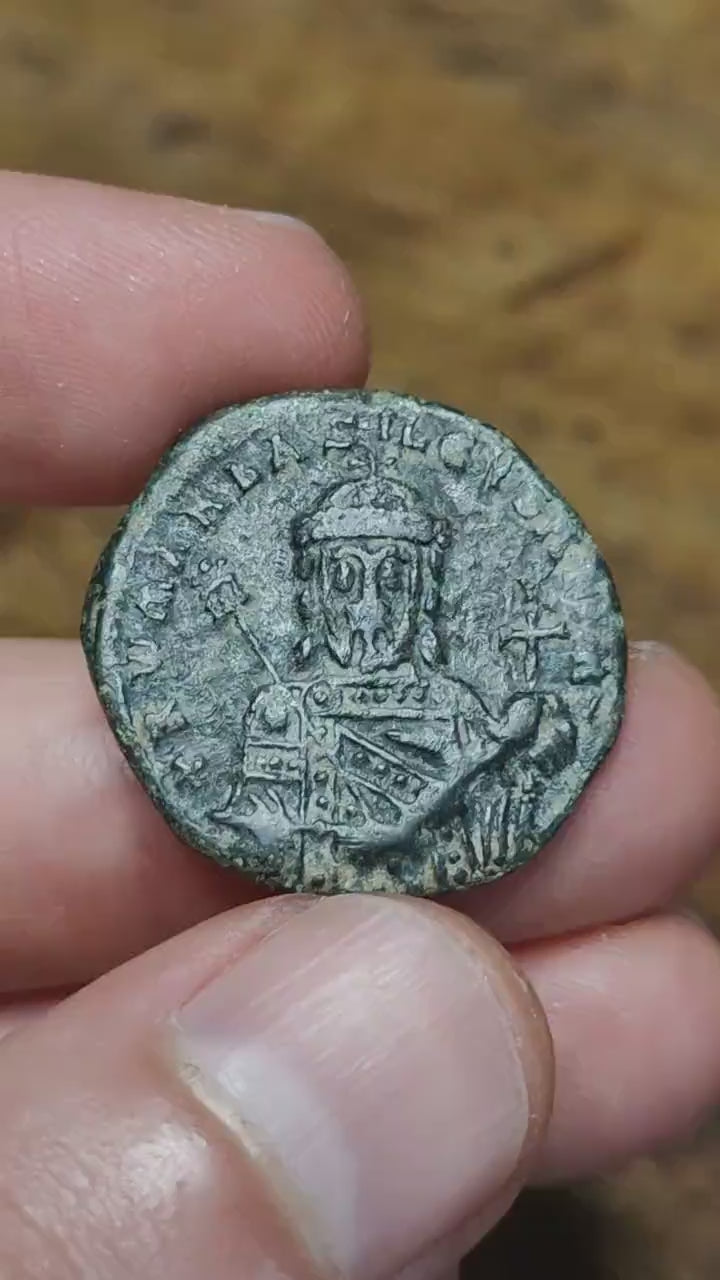 Constantine VII and Romanus I Byzantine coin, Authentic Roman follis 920-944AD
