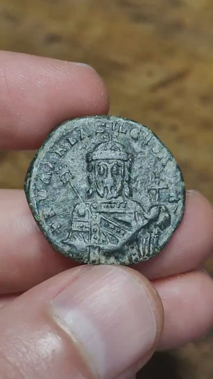 Constantine VII and Romanus I Byzantine coin, Authentic Roman follis 920-944AD